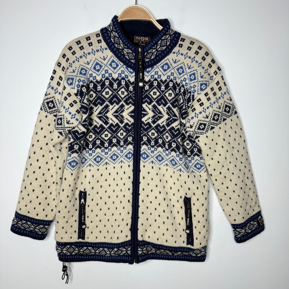 NORWEAR Nordic Fair Isle Wool Zip Up Sweater Jacket‎ Cream Blue Large